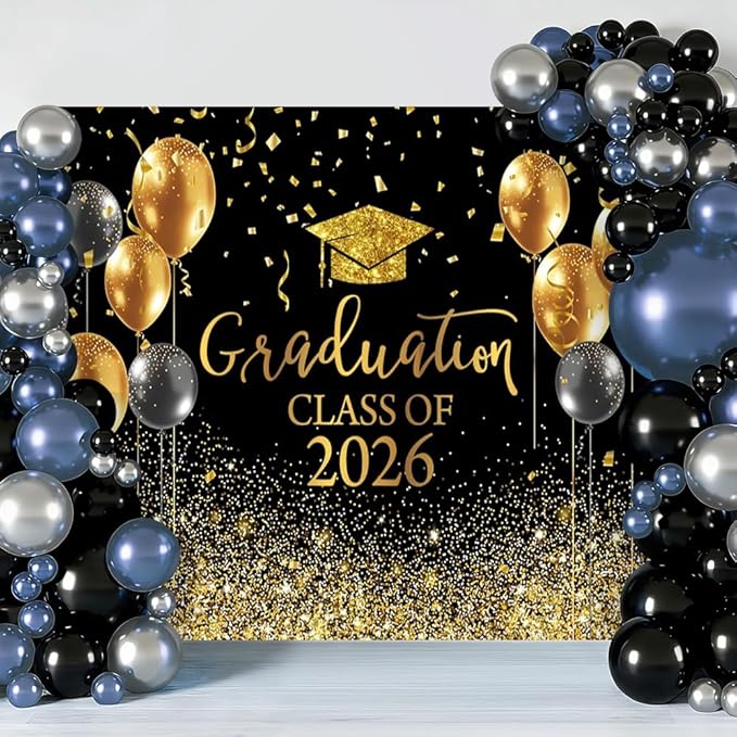DASHAN 10x8ft Graduation Decorations Backdrop Black Gold Congrats Grad Class of 2026 Backdrop for Photography Graduation Ceremony Party Supplies Background Cake Table Banner Decor Photo Booth Props