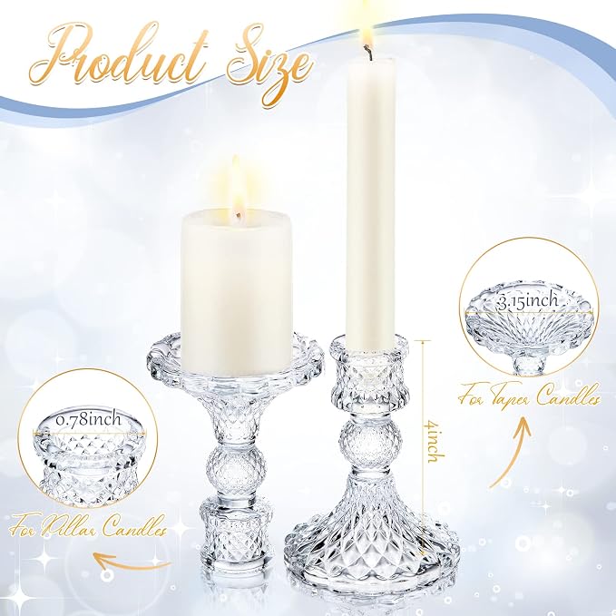 Sieral 24 Pcs Clear Taper Candle Holders 4'' Tall Glass Candlestick Holders Bulk Crystal Decorative Stand Wedding Stick Holder for Anniversary Party Dining Table Festival Decor
