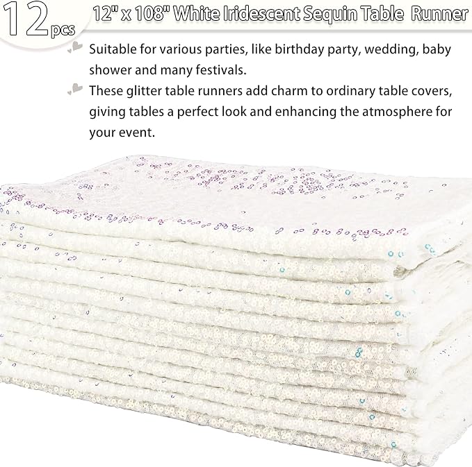 12 Packs Sequin Table Runner Glitter Dining Table Runner for Birthday Wedding Engagement Bridal Baby Shower Bachelorette Holiday Celebration Party Supplies Decorations (12" x 108", White Iridescent)