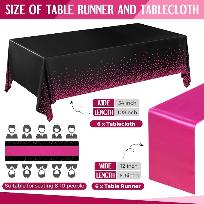 Breling 12 Pack Black and Hot Pink Disposable Plastic Tablecloths and Satin Table Runner Set, 54 x 108 Inch Tablecloth, 12 x 108 Inch Table Runners for Wedding Graduation Birthday Baby Shower