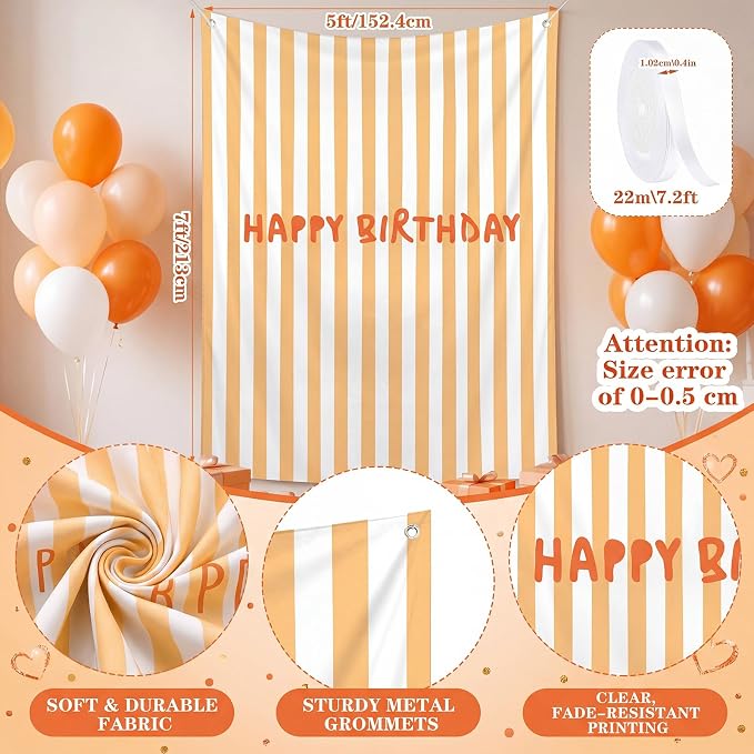 Flutesan 7x5ft Orange Stripe Happy Birthday Backdrop Large Banner Fabric Tapestry Birthday Party Decoration Baby Shower Linen Rustic Background Wall Photo Props Indoor Outdoor