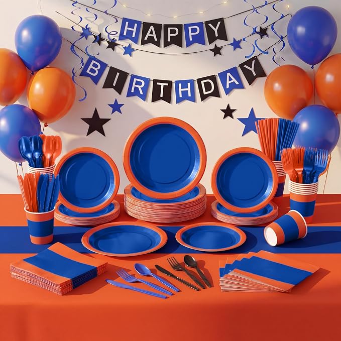 Funnymoom 452 Pcs Blue and Orange Party Supplies for 50 Guest, Blue Orange Paper Plates Cups Napkins Tablecloth Cutlery Straw Tableware Set for Graduation Birthday Retirement Wedding Party Decoration