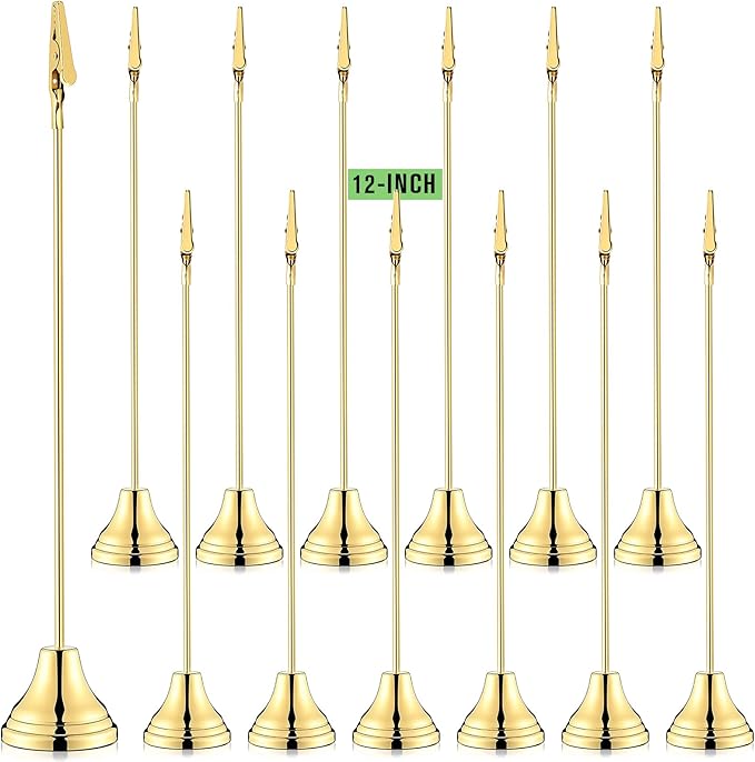Skyygemm 12 Pcs Table Number Holders 12 Inch Place Card Holder with Alligator Clip Metal Place Card Stands Table Sign for Photos, Food Signs, Birthdays, Weddings (Gold)
