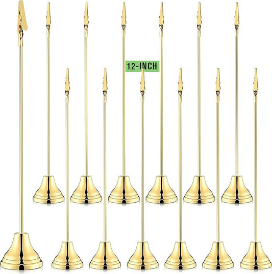 Skyygemm 12 Pcs Table Number Holders 12 Inch Place Card Holder with Alligator Clip Metal Place Card Stands Table Sign for Photos, Food Signs, Birthdays, Weddings (Gold)