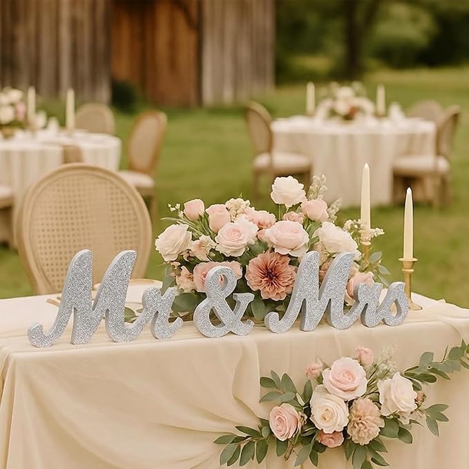 Mr & Mrs Sign for Wedding Table, Wedding Decorations for Reception, Large Wooden Letters Centerpieces Decor for Sweetheart Table, Ceremony, Anniversary, Party and Valentine's Day(Silver)
