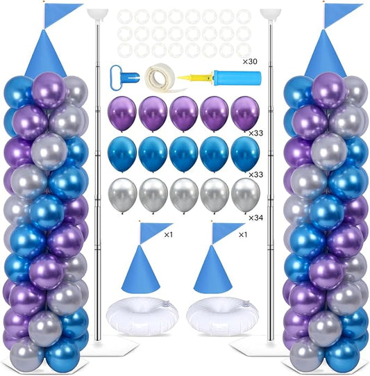 2 Sets Blue Princess Castle Balloon Column Stand Kit with 100 Balloons 2 Tricorne Hat 2 Pennant Snow Party Adjustable Balloon Tower Stand with Bases for Floor Girl Princess Birthday Party Supplies
