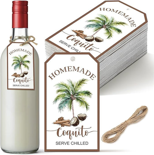 100 Pcs Christmas Coquito Labels for Bottle with Hemp Rope Xmas Coquito Bottle Tags Vanilla Labels with Graphic of Coconut Palm Tree for Home Christmas New Year Party Supply 3.5 ×2(Classic)