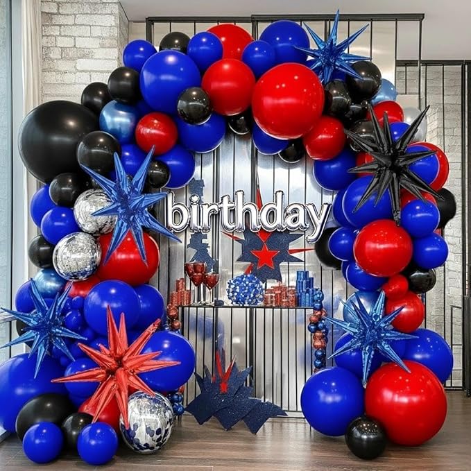 Red Blue Black Balloon Arch Garland Kit Double Stuffed Black Red Balloons Royal Blue Silver Balloon Garland with Star Foil Balloons for Baby Shower Birthday Graduation Spider Hero Themed Party Decor