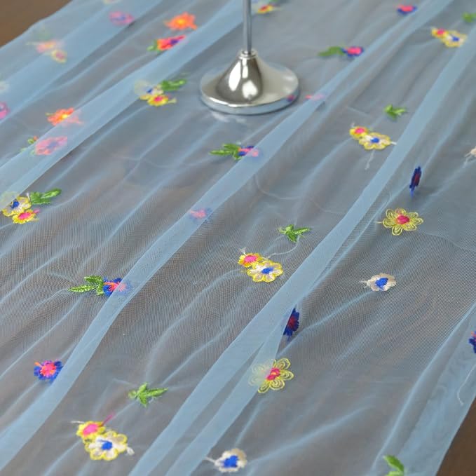 Set of 1 Flower Table Runner 10ft, 29 * 120 Inch Blue Table Cloth Sheer Tulle Table Cover,Embroidery Daisy Table Runner for Wedding Party Baby Shower Birthday Home Decor