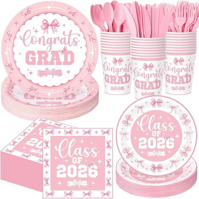 Funnymoom 400 Pcs Pink Bow Graduation Party Supplies, Coquette 2026 Congrats Grad Paper Plates and Napkins Cups Set with Spoons Forks Knives, Class of 2026 Tableware Set for Grad Party Decorations