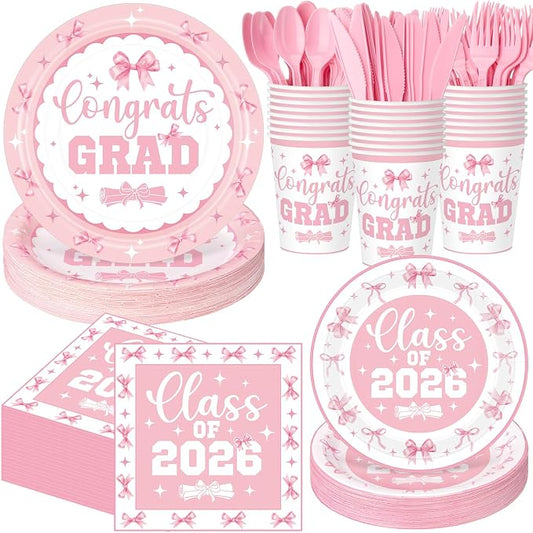 Funnymoom 400 Pcs Pink Bow Graduation Party Supplies, Coquette 2026 Congrats Grad Paper Plates and Napkins Cups Set with Spoons Forks Knives, Class of 2026 Tableware Set for Grad Party Decorations