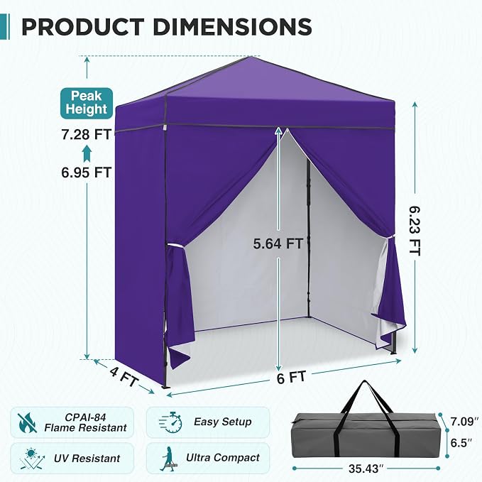 EAGLE PEAK 6x4 Instant Pop Up Canopy Tent with 4 Side Wall Panels, Straight Leg Sun Shelter, Portable Canopy with Carry Bag for Camping, Beach & Sports, Purple