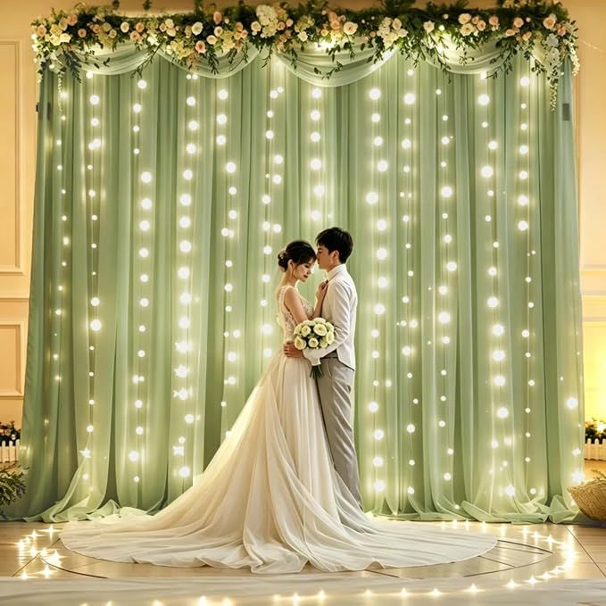 10ft x 10ft Sage Green Chiffon Backdrop Curtain with Lights String for Parties,2 Panels Sheer Tulle Curtain Wedding Backdrop for Baby Shower Birthday Party Ceremony Reception Home Decorations