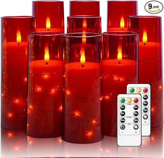 Nimiko Flickering Flameless LED Candles,Battery Operated Candles 9 Pcs with Embedded Star String,Acrylic LED Pillar Candles with Remote,Suitable for Home Decoration to Create an Atmosphere（Red）