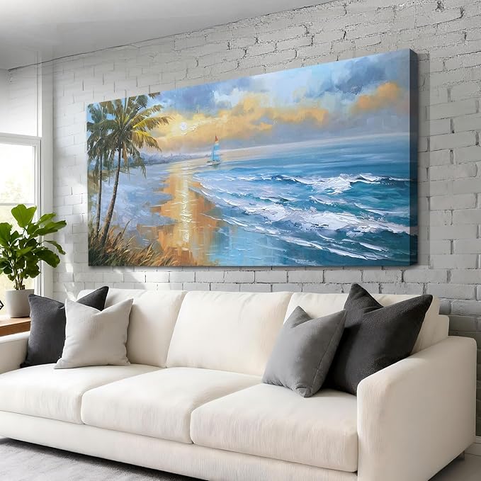Enartly 3D Textured Seascape Wall Art for Living Room, Ocean Nature Coconut Tree Landscape Canvas Painting Artwork Framed Bedroom Bathroom Hallway Home Office Wall Decor, 58"x29"