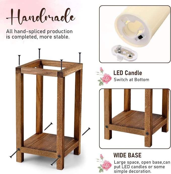 Sliner 24 Pcs Wedding Lantern Centerpiece Set Include 12 Rustic Wooden Candle Lantern 12 Flameless LED Candle for Wedding Party Baby Shower Table Fireplace Farmhouse Home Decoration(Brown)