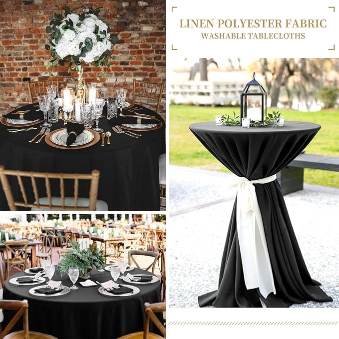 12pcs 90inch Black Round Tablecloth, Polyester Table Cloth, Washable Reusable, Soft & Easy to Iron, Wrinkle Resistant for Wedding, Party, Dining