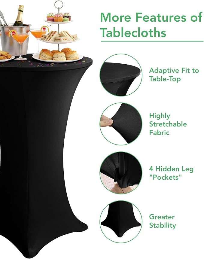 KeyWave Cocktail High Top Table Covers - 32x43 Inch Fitted Spandex Round Cocktail Tablecloth for Bar Height Standing Table Cloths Reusable, for Party Wedding Banquet Event Decorations, Black, 10 Pack