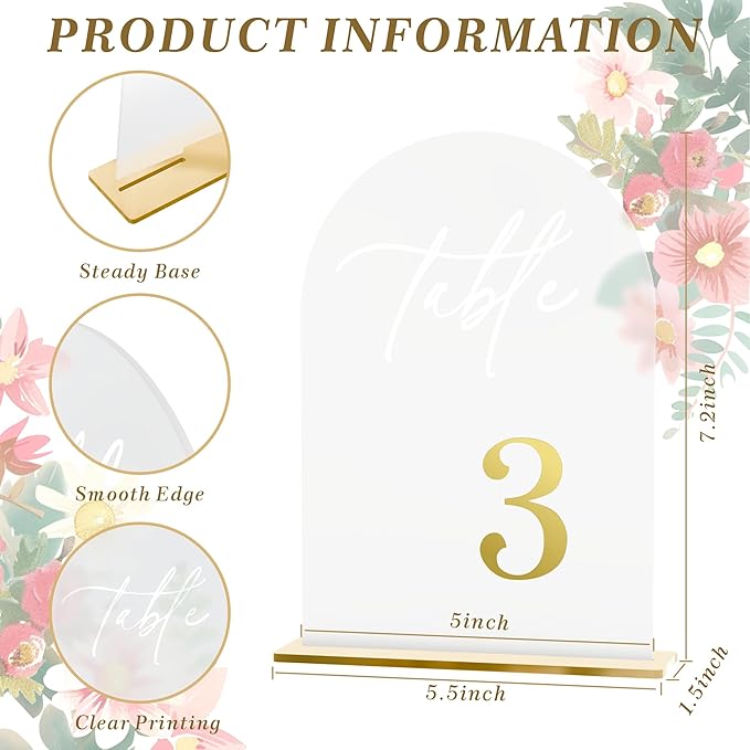 Frosted Wedding Table Numbers 1-20 with Stands, Elegant Gold Number Arch Acrylic Signs with Holder, 5.5" x 7" Gold 3D Table Numbers for Wedding Reception, Party, Anniversary, Events