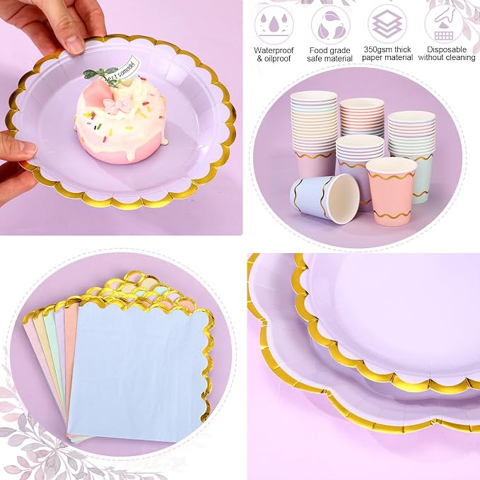 Yungyan 97 Pcs 24 Guests Pastel Gradient Rainbow Birthday Party Supplies Disposable Tableware Set 9 oz Paper Cups with Handle 7" 9" Paper Plate Napkin Tablecloth for Party Wedding Baby Shower