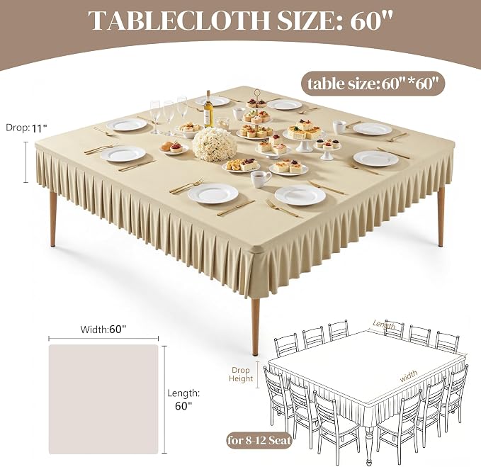 2 Pack Natural Spandex Tablecloths for 60x60 Inch Square Tables, Stretch Fitted Table Clothes with Pleated Ruffle Skirt for 60” Table, Wrinkle Free and Elastic, for Party Kitchen Home Dining