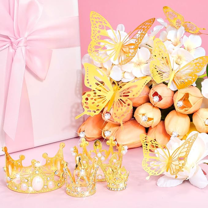 cridoz 164Pcs Flower Bouquet Accessories, 16Pcs Crowns for Flower Bouquets with 48Pcs Gold Butterfly Decorations and 100Pcs Diamond Pins for Flower Arrangements, Cake Topper Decor