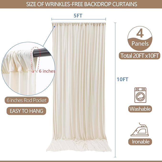 20x10ft Wrinkle Free Ivory Backdrop Curtain for Parties Soft Fabric Drapes Wedding Ivory Curtain Backdrop for Birthday Party Decorations Background for Photography 5x10ft,4 Panels