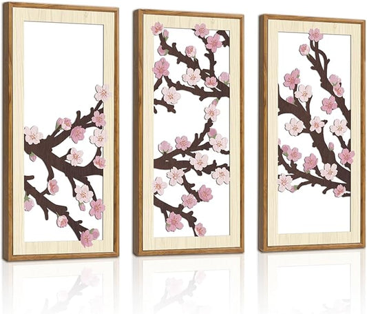IARTTOP Cherry Blossom Wood Wall Decor Set of 3 Pink Flower Wall Art Japanese Sakura Tree Artwork Farmhouse Minimalist Botanical Print Decor for Living Room Bedroom Framed 7.9 x15.8 Inch