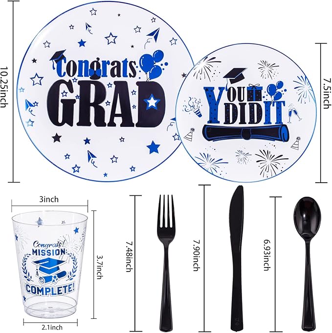 Liacere 150PCS Graduation Plastic Plates - Black and Blue Plastic Plates, Party Plates include 50Plates 25Knives 25Forks 25Spoons 25Cups for Graduation Party