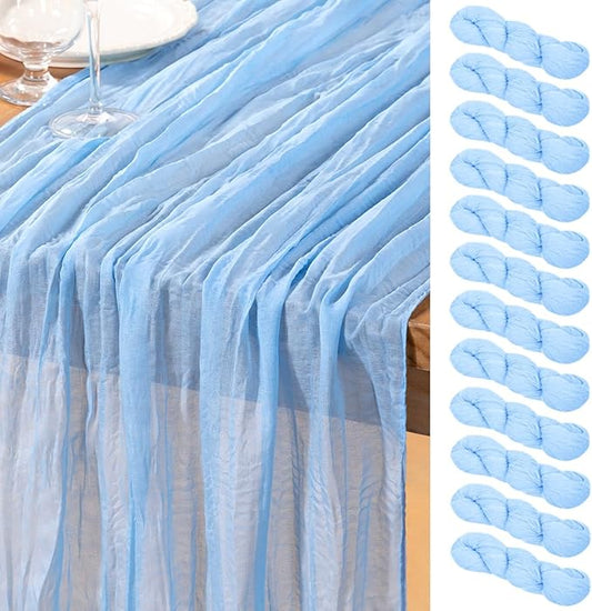 DeZerlor Baby Blue Cheesecloth Table Runner 12 Pack Spring Easter Table Runners Boho Gauze 120 Inches Light Blue Table Decor for Wedding Bridal Baby Shower Parties