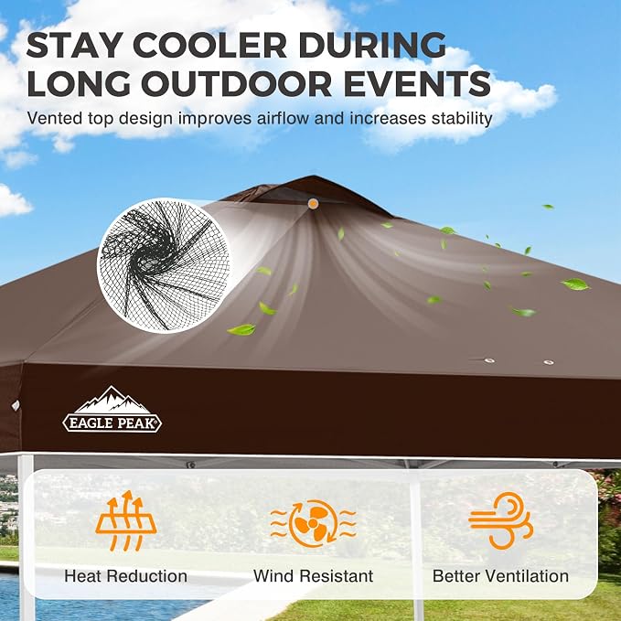EAGLE PEAK Pop Up Canopy Tent with Wheeled Carry Bag, 8 Stakes, 4 Ropes, 4 Weight Bags, Easy Set Up Tent Canopy, 10x10 ft, 100sqft of Shade, Brown