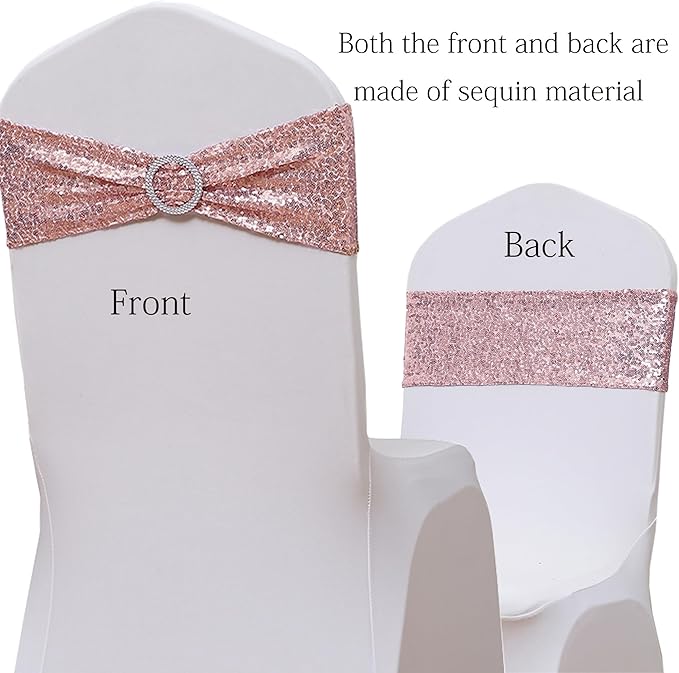 Pack of 50 Spandex Sequin Rose Gold Chair Sashes for Wedding, Chairs Bands Buckles for Party Folding Chairs Fiesta Bridal Shower Christmas Decor - Rose Gold Chair Sash Bows