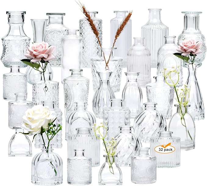 Glass Bud Vase Set of 32 pcs,Bud Vases in Bulk,Small Vases for Centerpieces, Mini Flower Vase Bulk for Rustic Wedding Home Table Decorations