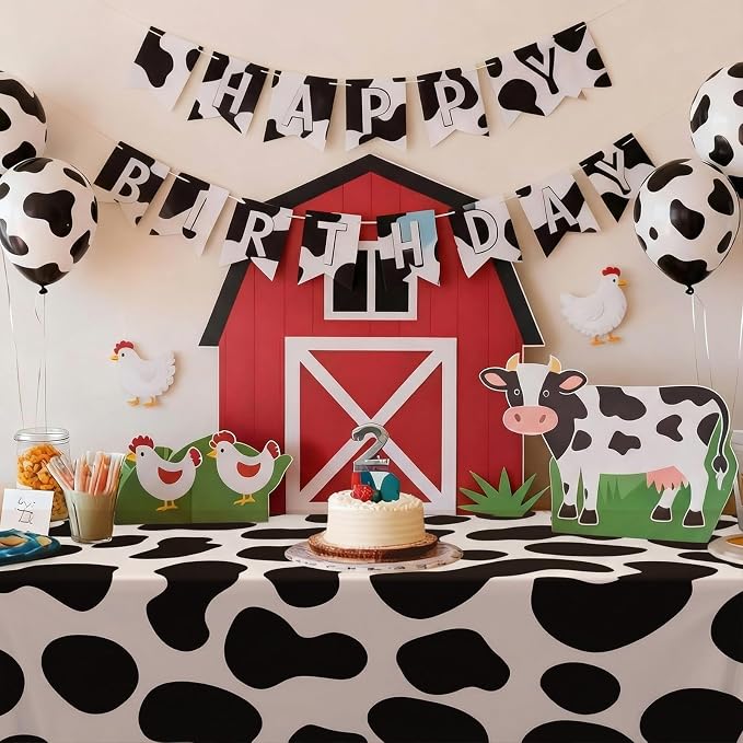 Frienda 2 Pcs Cow Pattern Tablecloth Stretch Spandex Black and White Cow Pattern Table Cover 71 x 30'' Rectangle Tablecloth for Farm Animal Themed Birthday Baby Shower Party Decorations