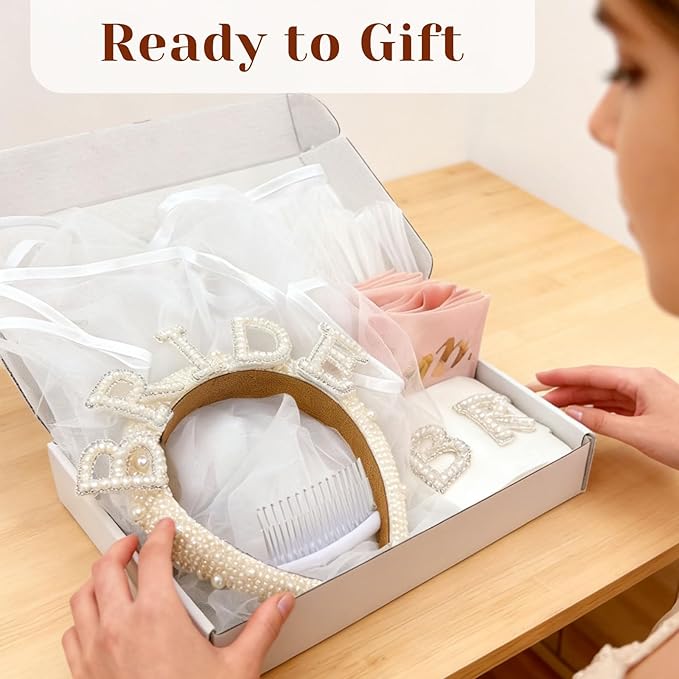 Bachelorette Party Accessories Set for Bride - 9 Pcs Premium Bridal Veil, Pearl Headband, Sash & Gloves | Complete Bridal Shower Kit for Wedding & Despedida de Soltera