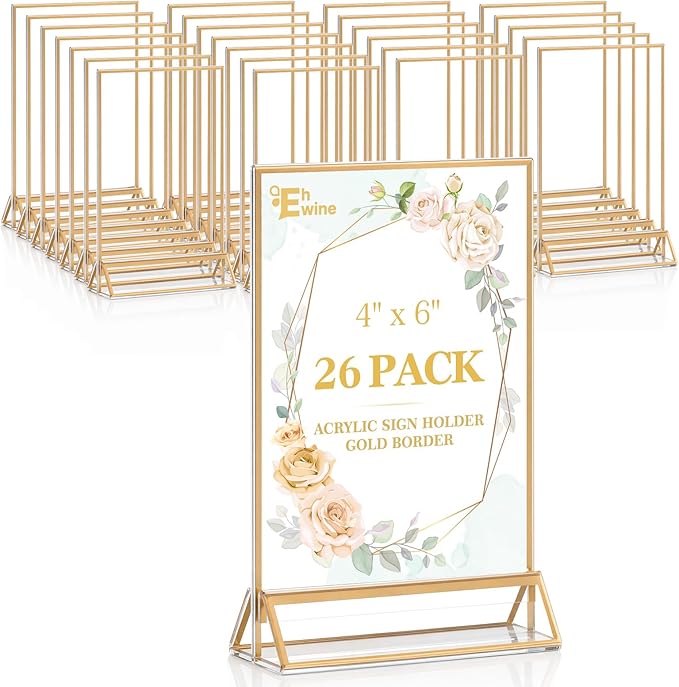 EHWINE 26 Pack 4×6 Clear Acrylic Sign Holder with Gold Borders and Vertical Stand, Double Sided Table Menu Holders Picture Frames for Wedding Table Numbers, Restaurant Signs, Photos and Art Display