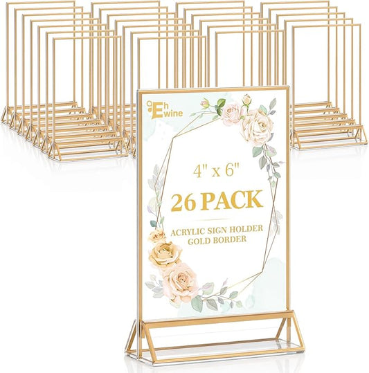 EHWINE 26 Pack 4×6 Clear Acrylic Sign Holder with Gold Borders and Vertical Stand, Double Sided Table Menu Holders Picture Frames for Wedding Table Numbers, Restaurant Signs, Photos and Art Display
