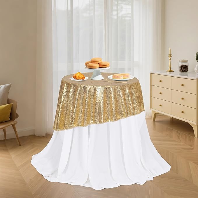 PartyDelight Sequin Tablecloth Round 50" Light Gold Table Topper for Wedding Party Birthday Bridal Baby Shower and Other Events Decorations