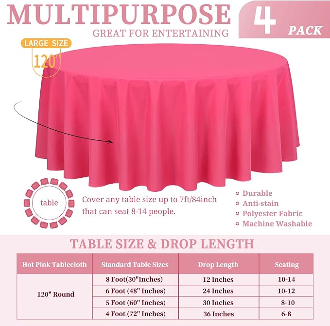 Showgeous 4 Pack Hot Pink Round Tablecloth 120 Inch Polyester Table Cloth for Round Tables Washable Decorative Fabric Table Covers for Wedding Dining Party