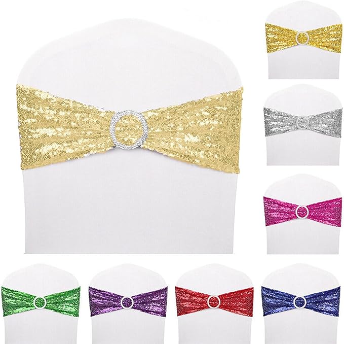 50 PCS Stretch Sequin Chair Sashes Chair Stretchy Spandex Bands for Wedding Reception Events Banquets Chairs Decoration (Gold)