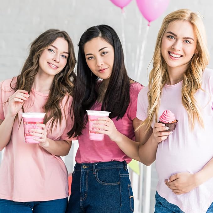 Funnymoom 60 Pack Floral Baby Shower Cups 12 oz It's a Girl Pink Floral Disposable Clear Plastic Drinking Cups for Baby Shower Gender Reveal Birthday Party Decorations Supplies