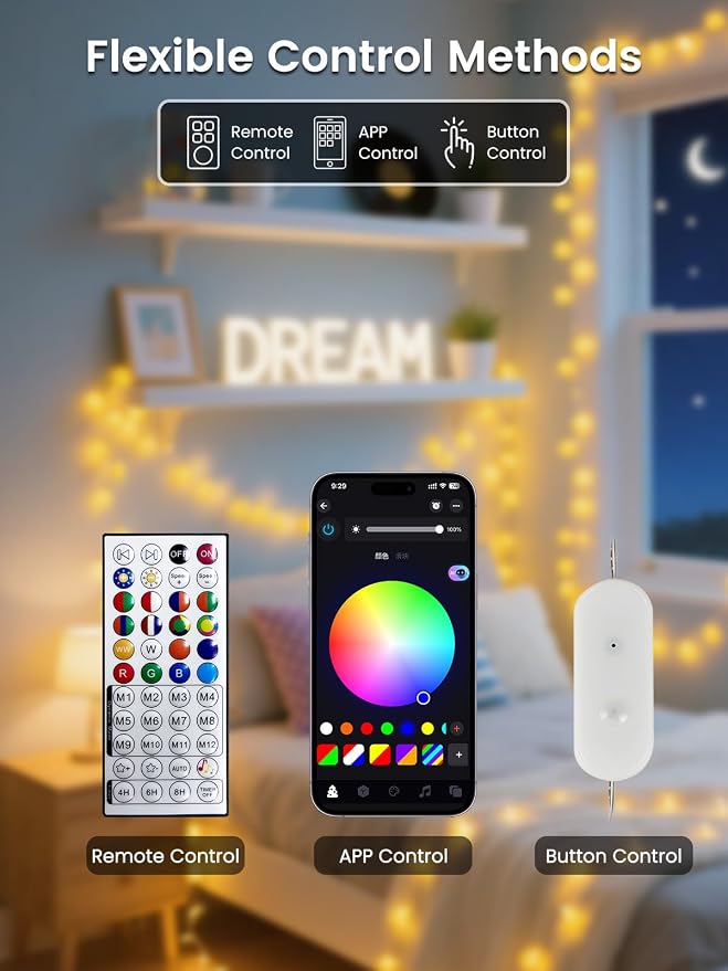 46ft 100LED Smart Color Changing Globe String Lights Indoor APP Control | Fairy Lights Plug in with Remote, Music Syn, Clear Wire Twinkle Light for Bedroom, Multicolor & Modes, Waterproof, Room Decor