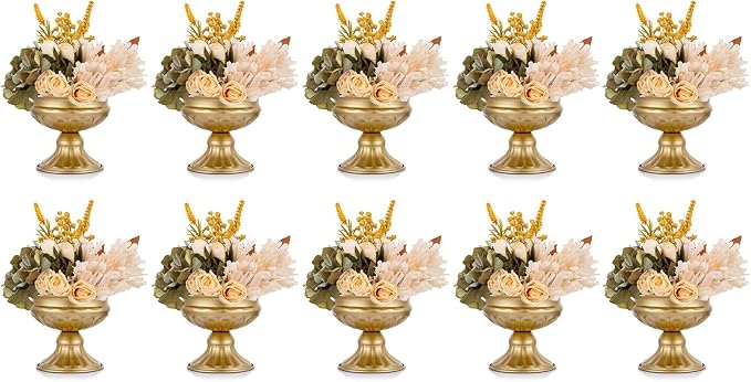 Metal Vases for Table Centerpieces, Hewory Gold Compote Pedestal Vase Floral Container Bulk, Brass Mini Footed Bowl Flower Holders Center Pieces for Wedding Birthday Party Anniversary (10pcs, 6.5in)