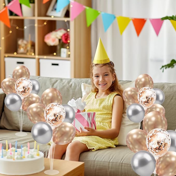 4 Set Balloon Stand with Champagne Silver Balloons and Pump | For Birthday Bridal Shower Wedding Engagement Anniversary Retirement Mother's Day New Years Party Supplies