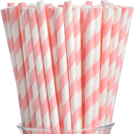 ALINK 100 Pink and White Striped Paper Straws, Biodegradable Disposable Drinking Straws for Christmas, Brithday, New Year, Party Decoration Supplies