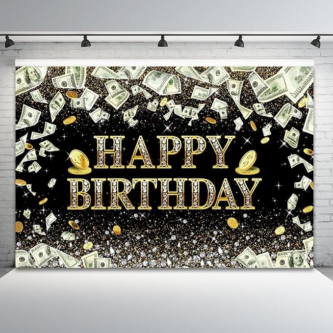 10x5ft Happy Birthday Backdrop Dollar Bill Theme Photography Background Money Glitter Diamond Girls Boys Birthdays Party Banner Decorations Gold Coins Men Women Parties Photo Booth Prop