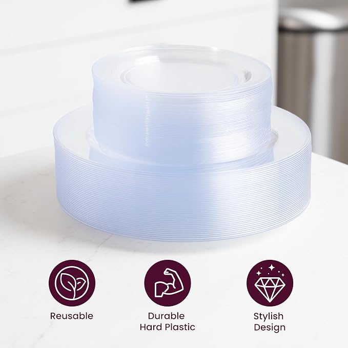 Aya's Cutlery Kingdom 100 Clear Plastic Plates for Party - Heavy Duty Disposable Set of 50 Dinner and 50 Dessert Plates - Elegant Plastic Disposable Plate for Weddings, Parties, and Special Events