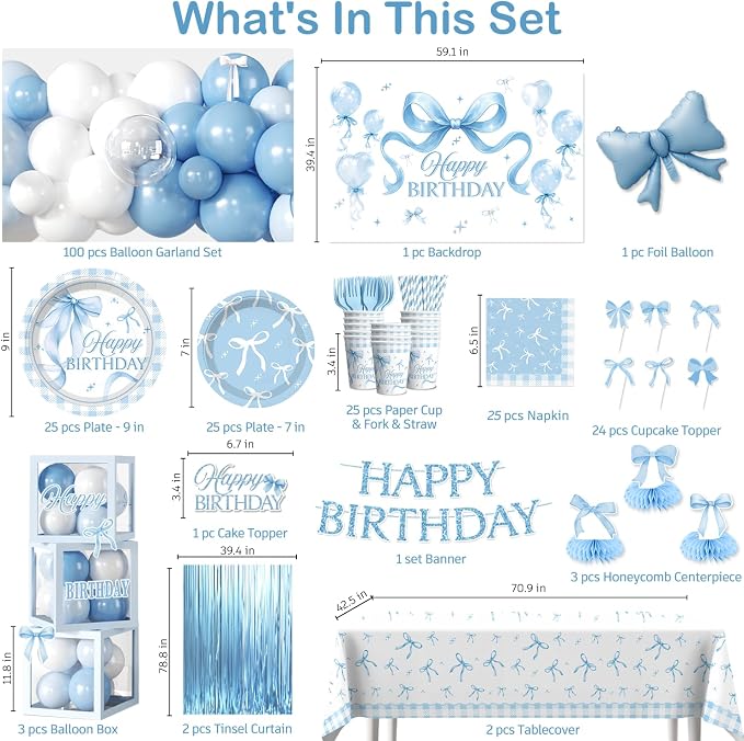 cocomigo 288 PCS Blue Bow Birthday Decorations, Hassle-Free One-Stop Set for 25 Guests, With Balloon, Backdrop, Fringe Curtains, Plates and Napkins, Easy Setup for Bow Themed Party