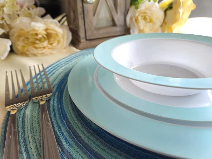 " OCCASIONS " 240 Plates Pack,(120 Guests) Heavyweight Wedding Party Disposable Plastic Plates -120x10.25'' Dinner+120 x 7.5'' Salad/Dessert (Rio Collection White & Turquoise blue)