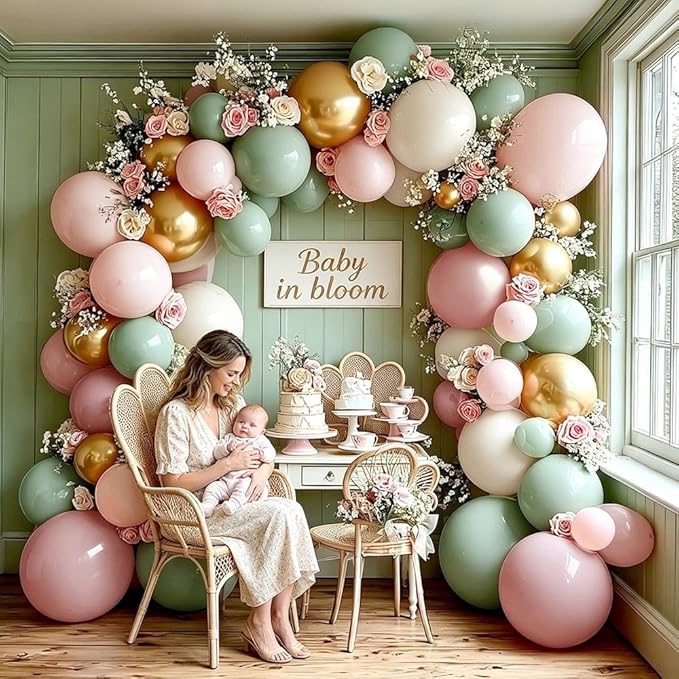 Dusty Green Pink Balloon Arch Double Stuffed Pastel Baby Pink Light Green White Cream Balloon Metallic Gold Latex Balloons for Baby in Bloom Birthday Bridal Shower Wedding Party Decorations